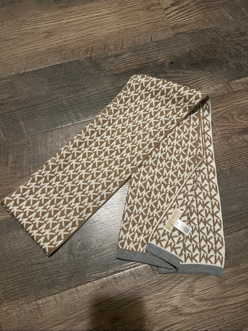 Michael Kors Tan & White MK Logo Knit Scarf